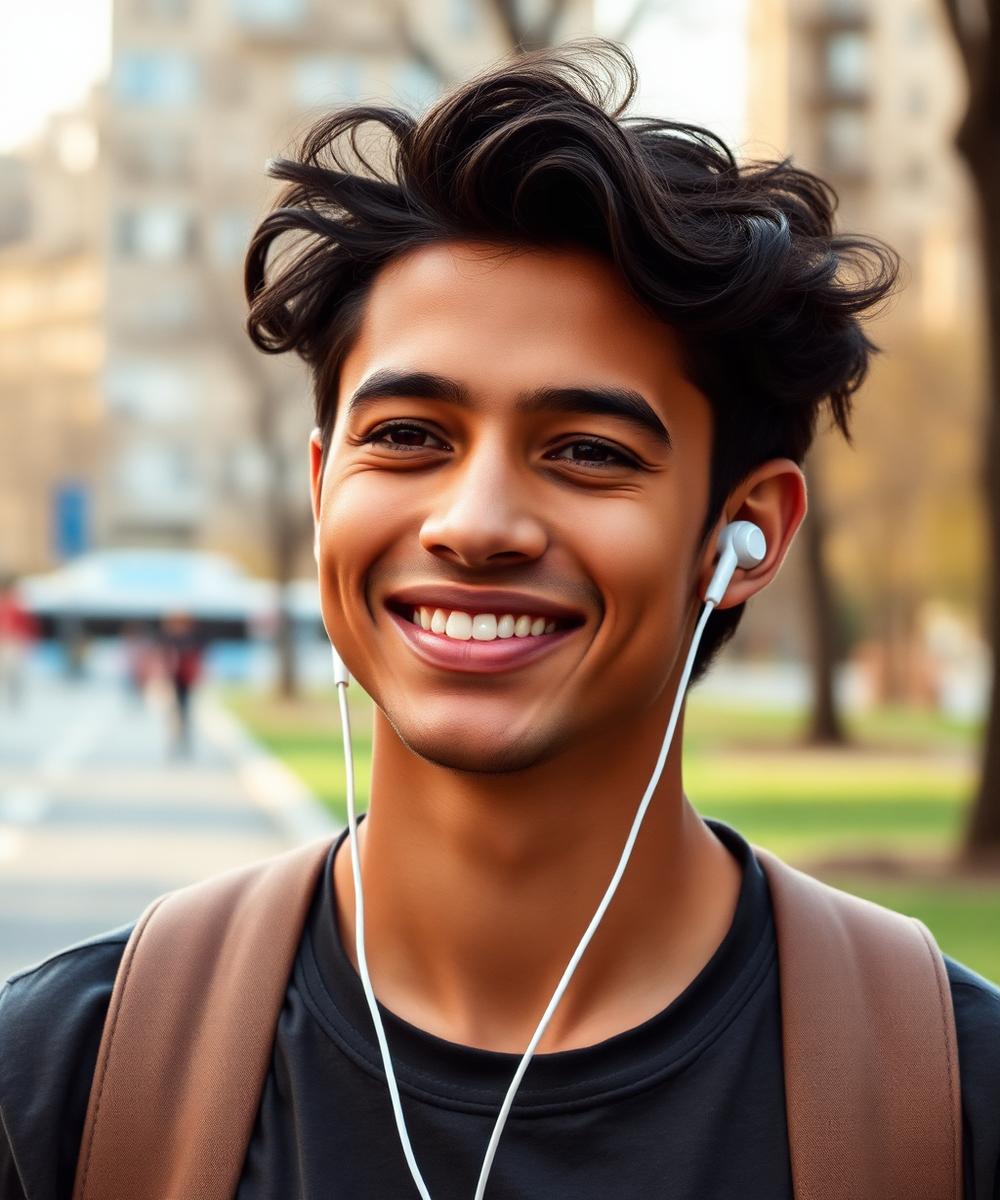 A person walking outside with earbuds, capturing a thought on the go