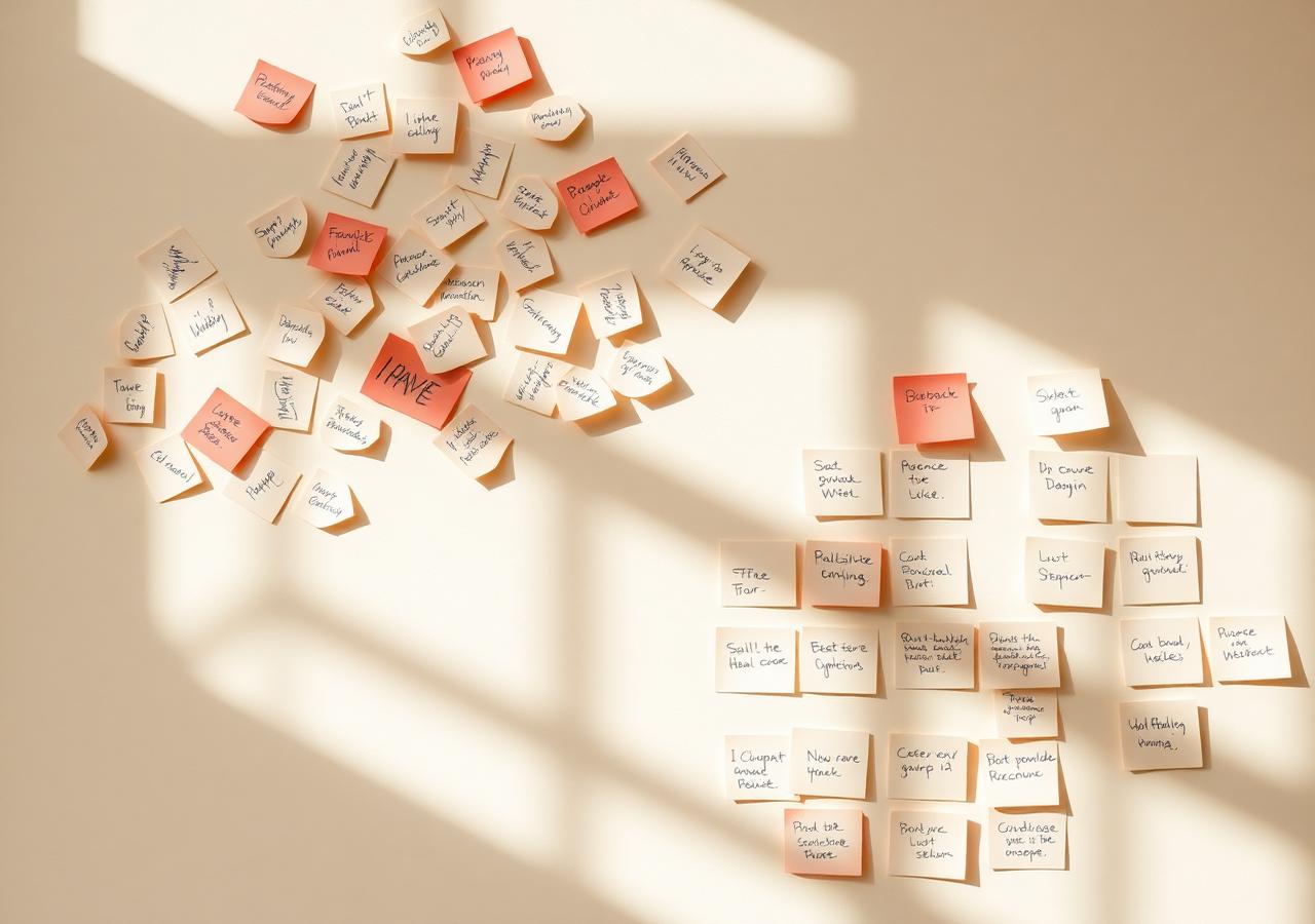 Scattered handwritten notes organizing themselves into neat rows